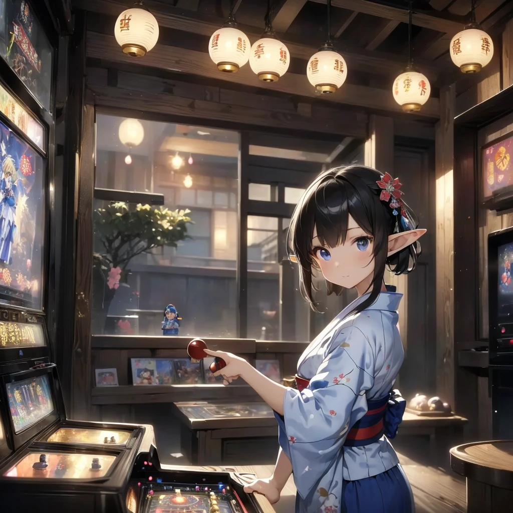 high quality, 8k. masterpiece, high quality, High resolution, 昭和のold宿が立ち並ぶ街、nostalgic、old、(((Old game center)))。(((Elf girl wearing a yukata)))、((Playing pinball、Playing smart ball))。