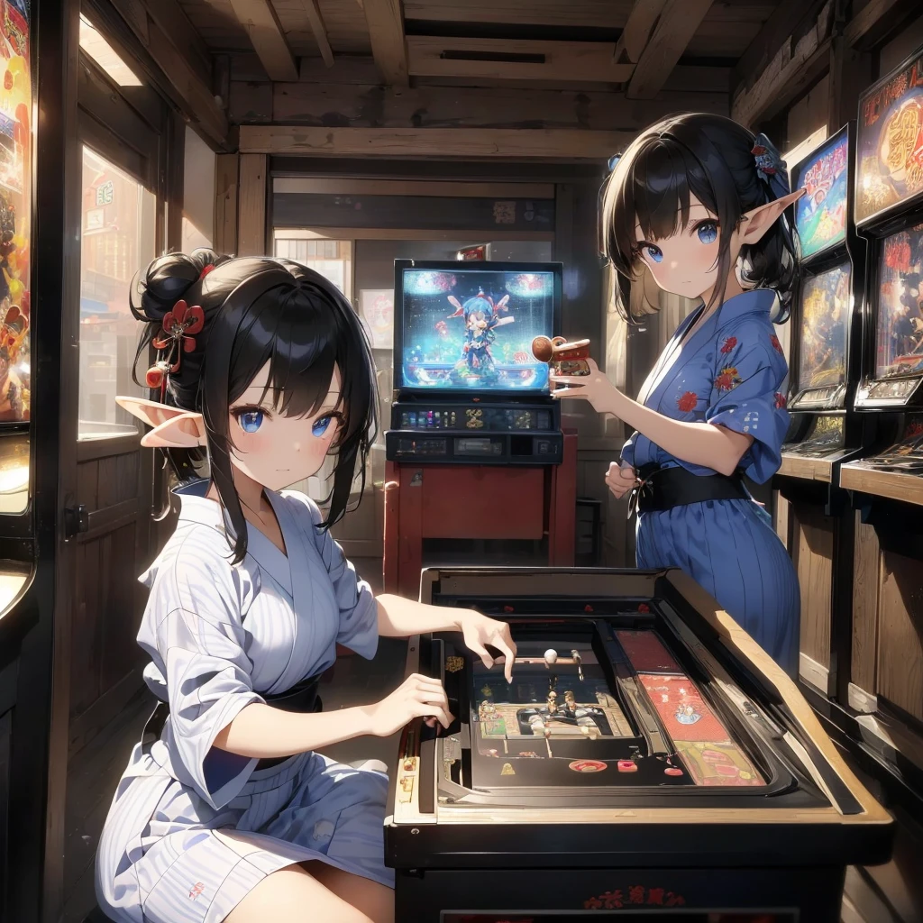 high quality, 8k. masterpiece, high quality, High resolution, 昭和のold宿が立ち並ぶ街、nostalgic、old、(((Old game center)))。(((Elf girl wearing a yukata)))、((Playing pinball、Playing on an old coin-operated game machine))。