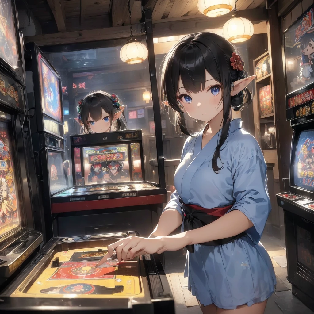 high quality, 8k. masterpiece, high quality, High resolution, 昭和のold宿が立ち並ぶ街、nostalgic、old、(((Old game center)))。(((Elf girl wearing a yukata)))、((Playing pinball、Playing on an old coin-operated game machine、Pachinko Machine、Shot))。