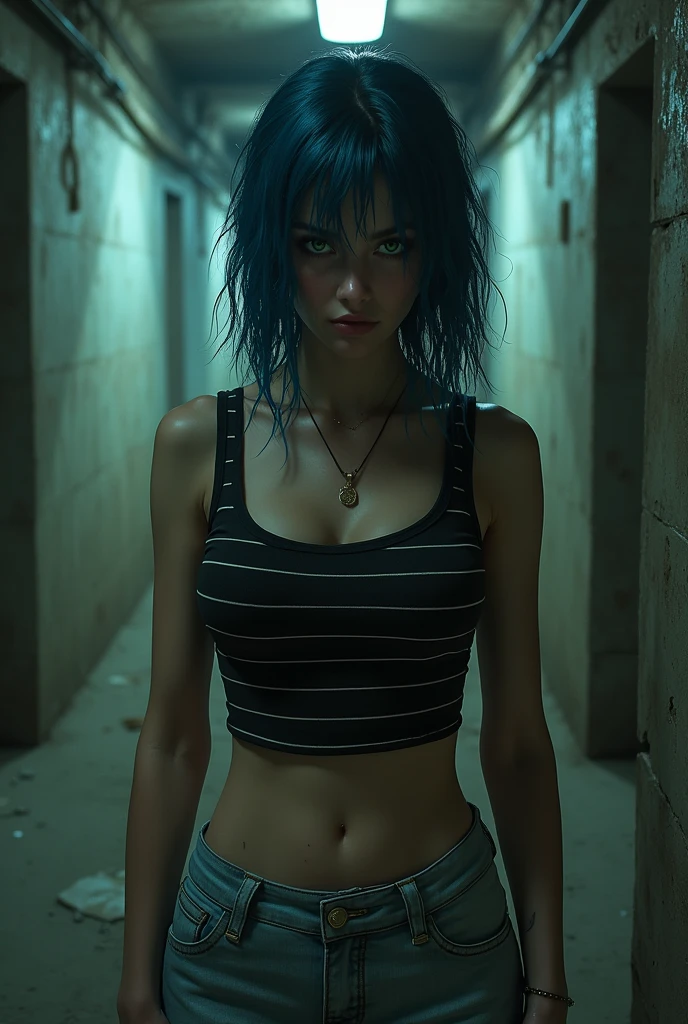 The badass cyberpunk dystopian 3098 apocalypse warrior, dystopian apocalypse ,mature woman, strong body, (red eyes), dark blue hair,((beautiful hard breast)), battle scar's, neon shadows,, dark horror gloomy weather, demons hunter,,(Solo leveling),,,tattoos,(massive perfect snoopy breast:1.0), massive perfect breast,,(muscular body:0.7), undercut hairstyles,,shot hair, (naked breast), (realistic skin texture:1.2),4k, (cinematic photography:1.0),,(head and breast closeup)