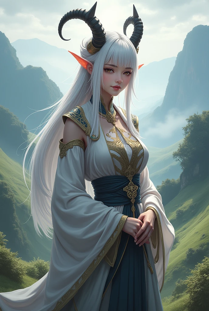 the background in a forest, a beautiful girl name is Lisa, 18 year old with blue eyes, long white hair, wearing a white tunic is sad, As emperor, Gentle smiley face