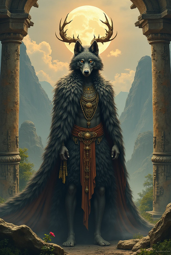 Wolf (((indigenous style)),,((meditative state),,((Wolf's body)), ((looking at the camera)) elegant, hair with details, with Indian headdress on head, many colorful feathers, colorful feathers,,facing the camera, detail: dense tropical foliage, highly detailed intricate, (((masterpiece)),((mythological animals)),, celestial universe, ultra hyperrealistic, masterpiece,, by TIm Hildebrandt,,((vintage)),, antique prints