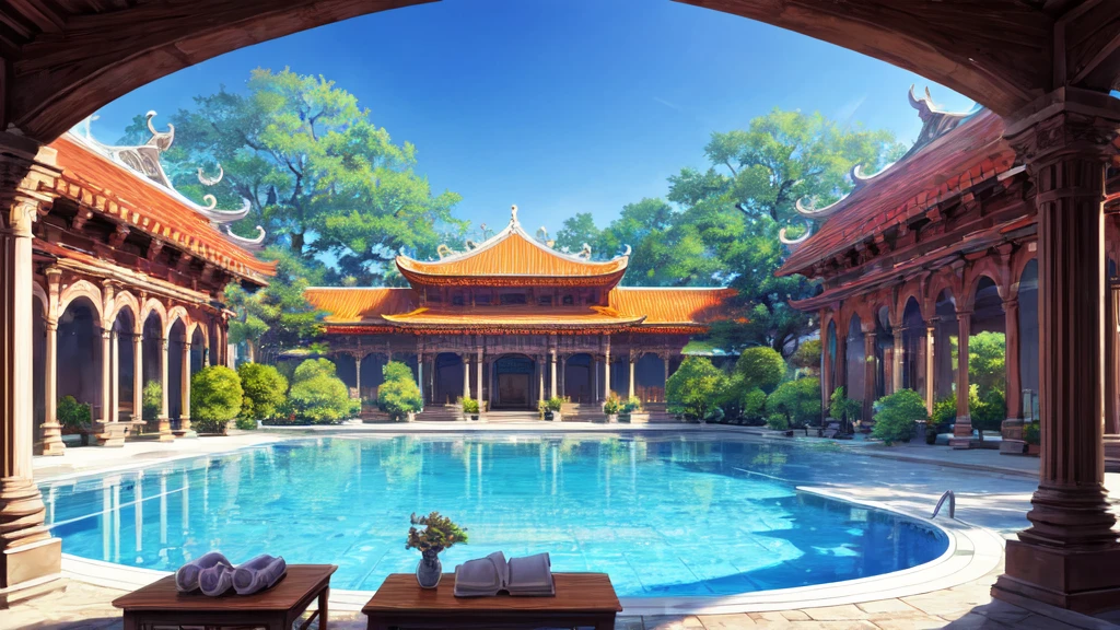 The game scene, the ancient Chinese palace is located above the clouds, surrounded by clouds and mist, majestic, glazed tiles, colorful rays of light, ((color ink)),((splash ink)),((splash ink) ink}) ), masterpiece, high quality, Refined graphics, high detail