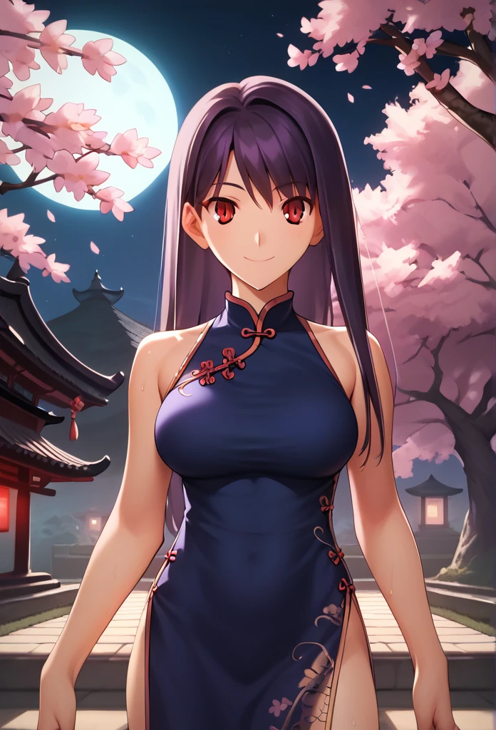 Score_9, Score_8_up, Score_7_up, One girl,Red eyes,smile,Purple long hair, Hirokazu Koyama ,Cowboy Shot,Sweaty,sexy,Pixel Perfect,Large Breasts,Anatomically correct, masterpiece, Very detailed, smile,Outdoor,8k, (background,Cherry Blossoms at Night,moon,Detailed),(Fits your body,Chinese dress,Sleeveless,Long hem,There is a slit),Spread your arms,