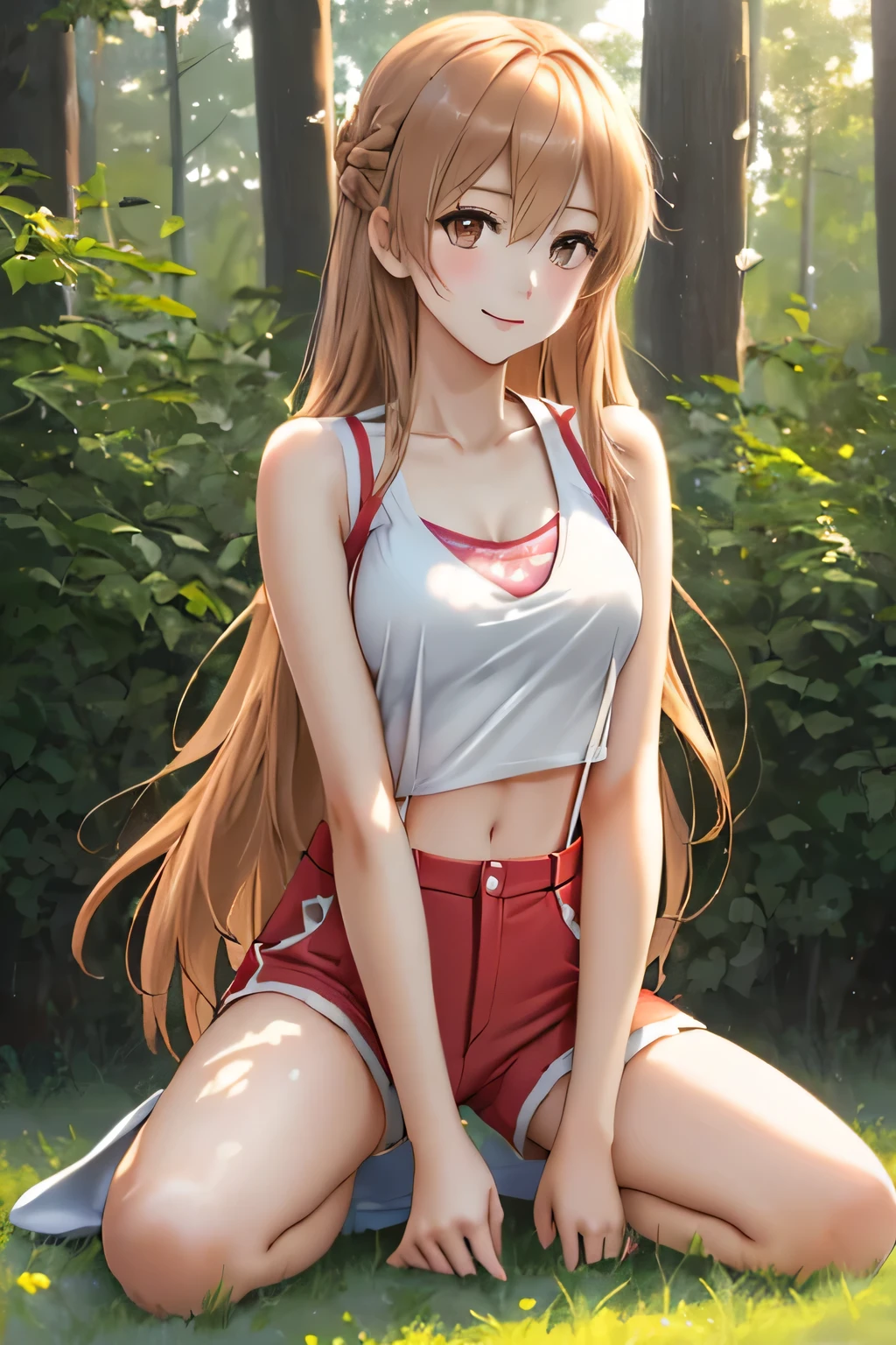 (Best quality:1.3), asuna yuuki, light brown long hair, large breasts, tight camisole, crop top, cleavage, hot pants, (pov, close shot), standing, smiling