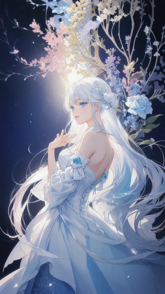 masterpiece, highest quality, figure, white, platinum earrings, Platinum Necklace, white dress, 1 girl, cute, (dynamic lighting:1.2), cinematic lighting, delicate features, fine eyes, sharp pupils, ((shapely massive chest;1.5)), realistic student, Depth of bounds written, Bokeh, sharp focus, (very detailed, bloom, shine:1.4), Many Small Gems