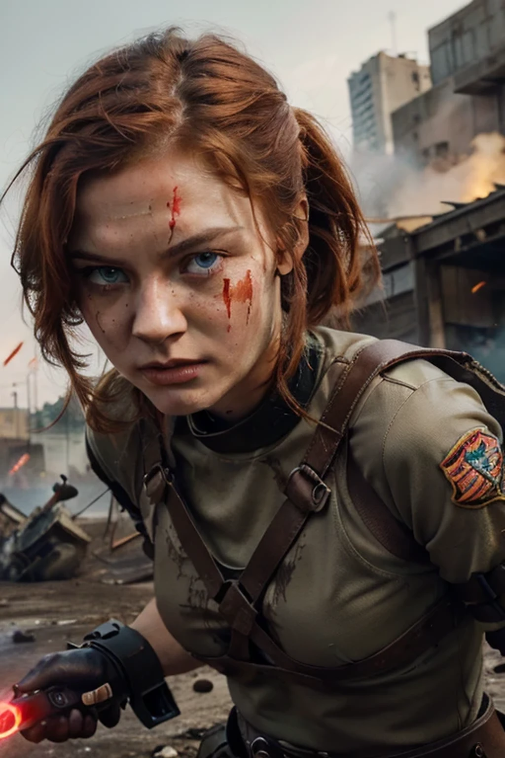 Wide angle photorealistic shot, (Enchanting redhead in wartime drama:1.3), Detailed conflict chaos, Real-Time Ray Tracing lighting, Volumetric shadows, Exceptional photorealism, (Intense war ambiance:1.2), Raw photography quality, Highly detailed protagonist, Emotional depth, Raw imagery at the highest quality
