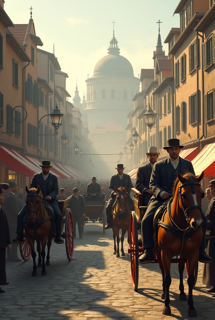 a painting of a clock tower in a city at night time with people walking on the sidewalk and a horse and buggy on the street