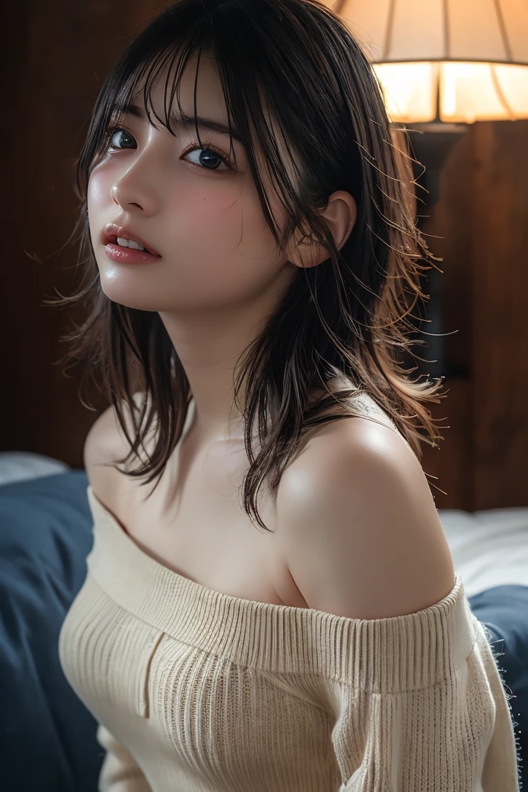 highest quality, face focus, soft light, (written boundary depth) ,ultra high resolution, (realistic:1.4), Raw photo, (moody lighting, night:1.2), Bedroom,
(upper thigh:1.4),1 Japanese girl, alone, cute, cute, (shy, smile:1.1), (brown eyes), natural face, (short hair),
(sit in a gray linen chair),break,(White nude oversized T-shirt:1.2)
