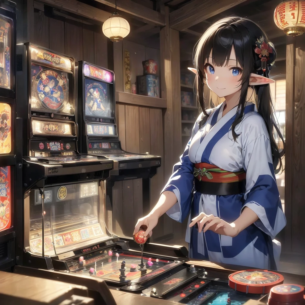 high quality, 8k. masterpiece, high quality, High resolution, 昭和のold宿が立ち並ぶ街、nostalgic、old、(((Old game center)))。(((Elf girl wearing a yukata)))、((Playing pinball、Playing on an old coin-operated game machine、Pachinko Machine、Shot))。((smile))。