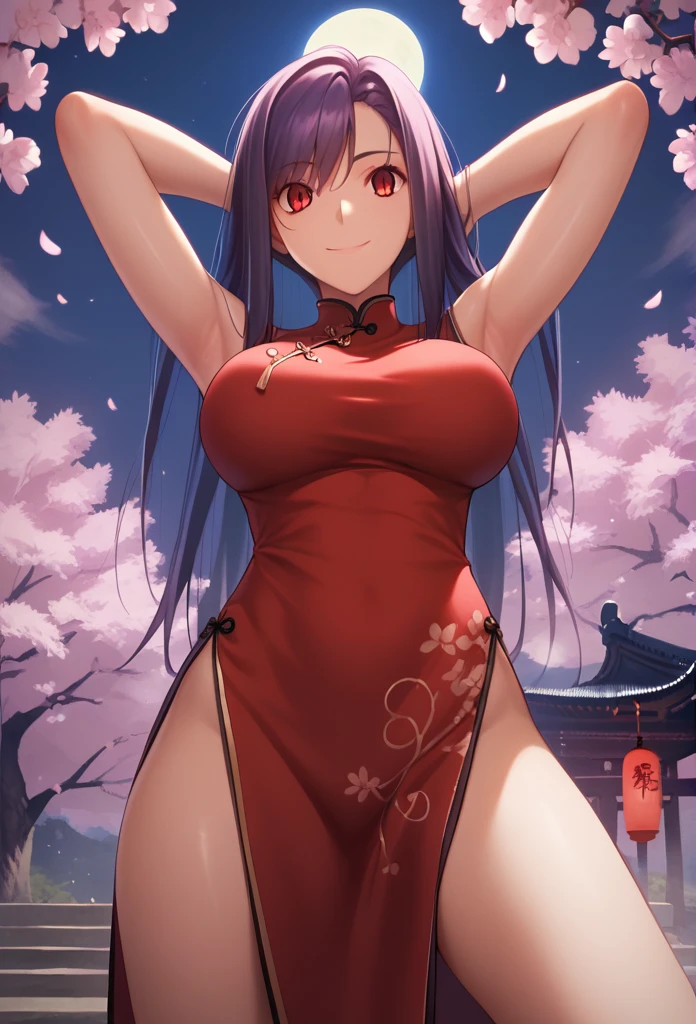 Score_9, Score_8_up, Score_7_up, One girl,Red eyes,smile,Purple long hair, Hirokazu Koyama ,Cowboy Shot,Sweaty,sexy,Pixel Perfect,Large Breasts,Anatomically correct, masterpiece, Very detailed, smile,Outdoor,8k, (background,Cherry Blossoms at Night,moon,Detailed),(Fits your body,Chinese dress,Sleeveless,Long hem,There is a slit),Spread your arms,Composition looking up from below,Put your hands behind your head,Look at, 