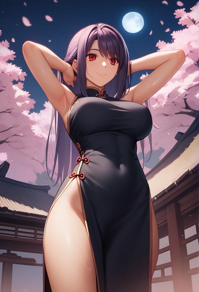 Score_9, Score_8_up, Score_7_up, One girl,Red eyes,smile,Purple long hair, Hirokazu Koyama ,Cowboy Shot,Sweaty,sexy,Pixel Perfect,Large Breasts,Anatomically correct, masterpiece, Very detailed, smile,Outdoor,8k, (background,Cherry Blossoms at Night,moon,Detailed),(Fits your body,Chinese dress,Sleeveless,Long hem,There is a slit),Spread your arms,Composition looking up from below,Put your hands behind your head,Look at, 