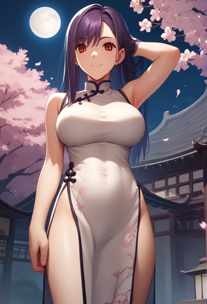 Score_9, Score_8_up, Score_7_up, One girl,Red eyes,smile,Purple long hair, Hirokazu Koyama ,Cowboy Shot,Sweaty,sexy,Pixel Perfect,Large Breasts,Anatomically correct, masterpiece, Very detailed, smile,Outdoor,8k, (background,Cherry Blossoms at Night,moon,Detailed),(Fits your body,Chinese dress,Sleeveless,Long hem,There is a slit),Spread your arms,Composition looking up from below,Put your hands behind your head,Look at, 