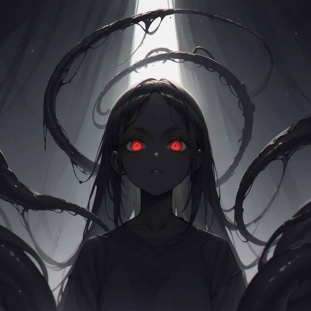 Female silhouette with black monochromatic skin tone, dark silhouette, fine details. anime. black tentacles around her, red eyes, anime art