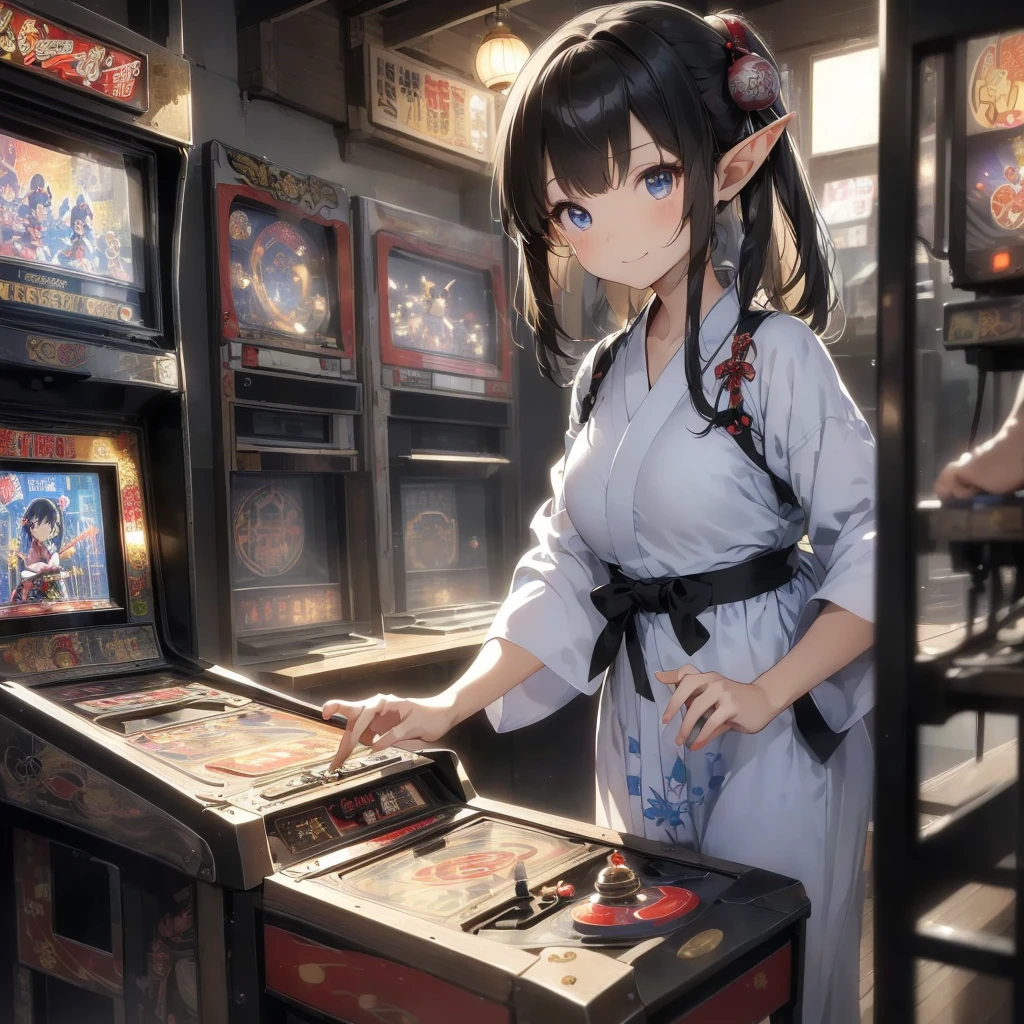 high quality, 8k. masterpiece, high quality, High resolution, 昭和のold宿が立ち並ぶ街、nostalgic、old、(((Old game center)))。(((Elf girl wearing a yukata)))、((Playing pinball、Playing on an old coin-operated game machine、Pachinko Machine、Shot))。((smile))。