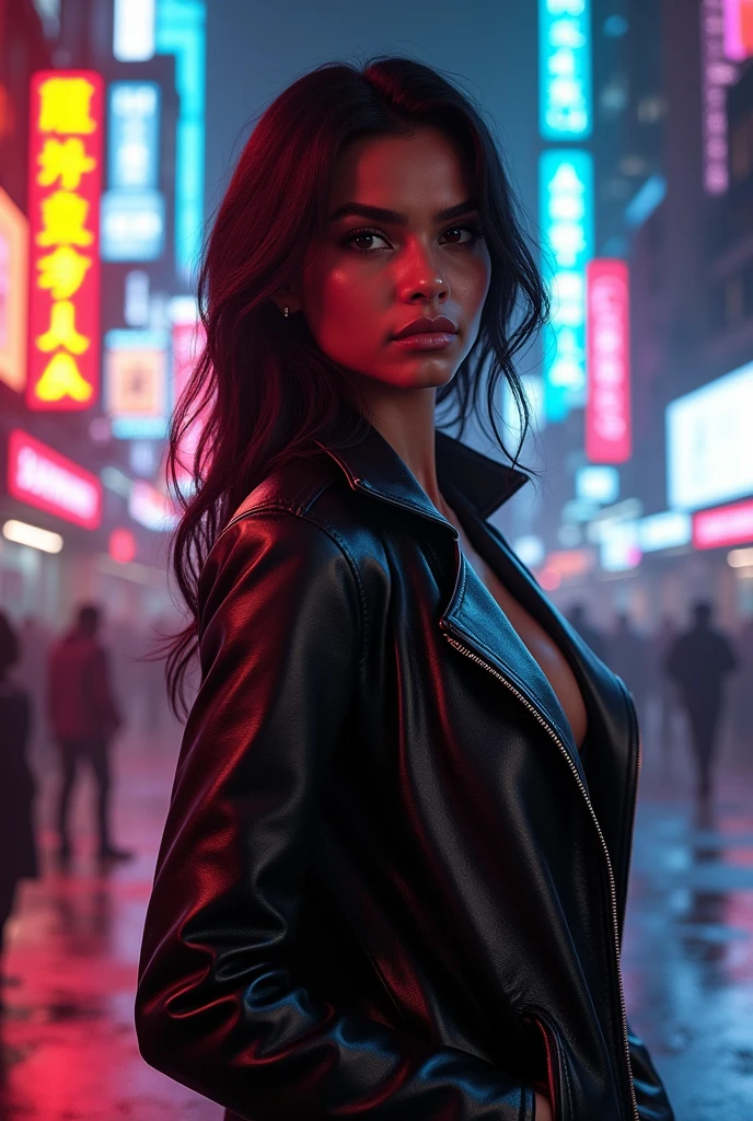 Uma imagem de um investigador moderno vestindo um elegante, Seductive detective outfit in a bustling cityscape lit by neon at night. Ela caminha confiante pelas ruas vibrantes, cercada pelo brilho cativante das luzes da cidade, embodying the essence of a contemporary, Detetive empoderado.