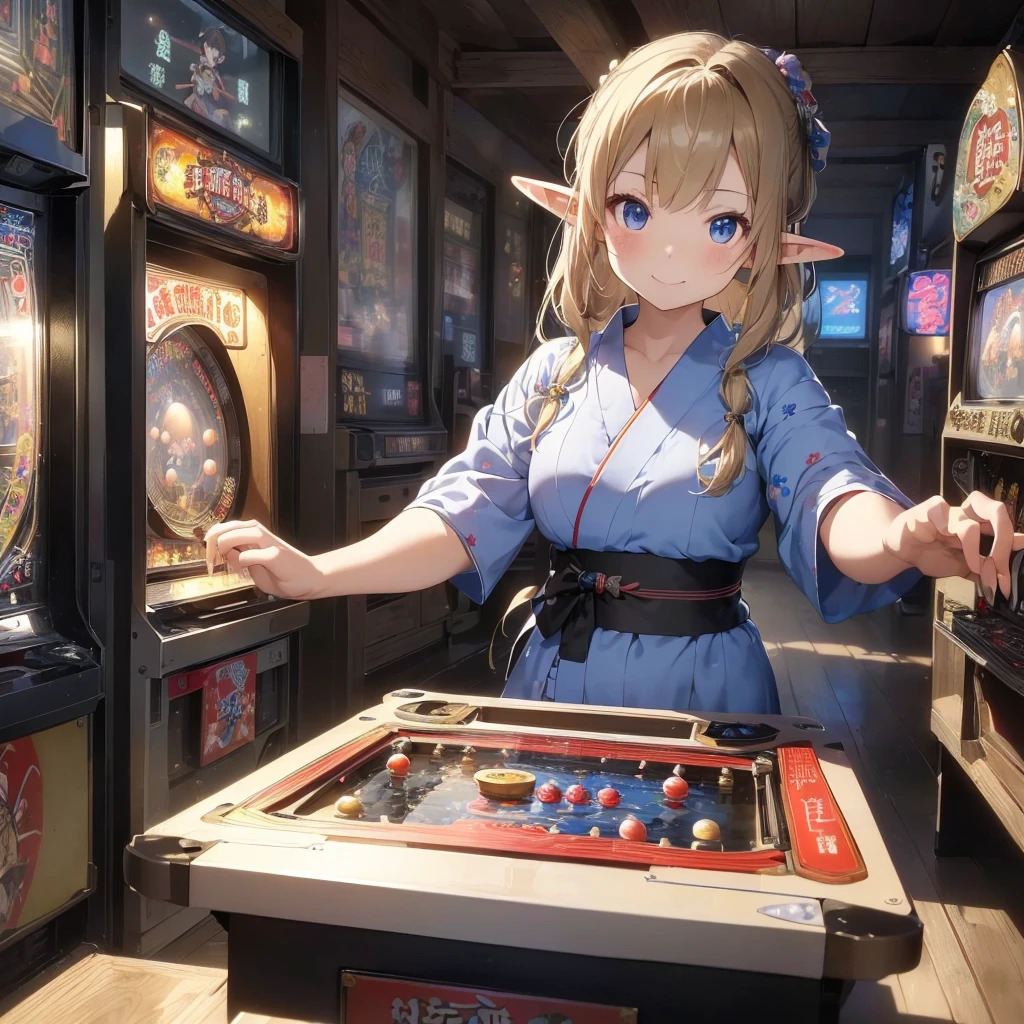 high quality, 8k. masterpiece, high quality, High resolution, 昭和のold宿が立ち並ぶ街、nostalgic、old、(((Old game center)))。(((Elf girl wearing a yukata)))、((Playing pinball、Playing on an old coin-operated game machine、Pachinko Machine、Shot))。((smile))。