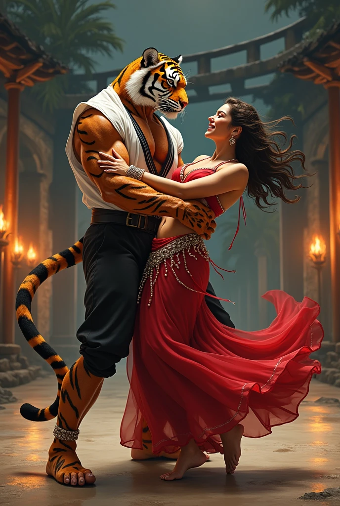 A THAI belly dancer girl dances by raising both hands while shaking her hips. LARGE BREASTS AND DETAILED CLEAVAGE DANCING AROUND A BENGAL TIGER SITTING ON THE FLOOR