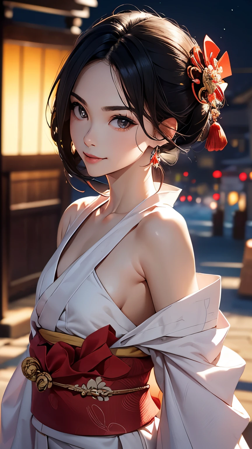 masterpiece, highest quality, ultra high resolution, Fluorescent color,, 1 girl, looking at the audience, beautiful face, beautiful eyes, (off shoulder: 1.2), raise your head, Upper body, shiny hair, shiny skin,((Japanese clothing))、quaint woman、(((tied hair、french braid)))、Shining cut, Little, Adjusting finger proportions、It's twilight behind the window、Look outside and see the sunset、Kyoto seen from the window、old town、evening