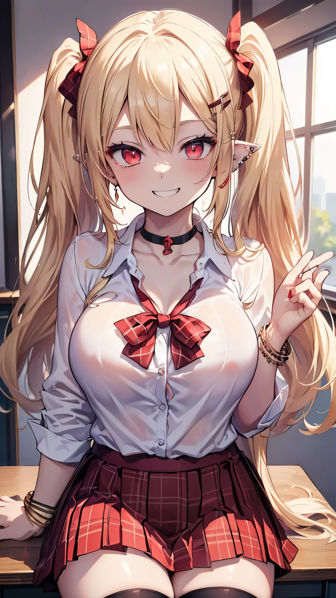 (close up1.5),best quality ,masterpiece,solo,1girl,blond hair,red eyes,a dress with long sleeves,face focus,(looking up1.5),evil smile,open mouth,white viscous liquid in mouth,sticking out tongue,sweating body,small lady serenity,big breasts,despise,steam,shoulder,demon,upper body