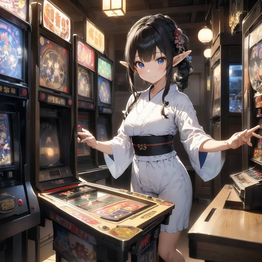 high quality, 8k. masterpiece, high quality, High resolution, 昭和のold宿が立ち並ぶ街、nostalgic、old、(((Old game center)))。(((Elf girl wearing a yukata)))、((Playing pinball、Playing on an old coin-operated game machine、Pachinko Machine、Shot))。((smile))。