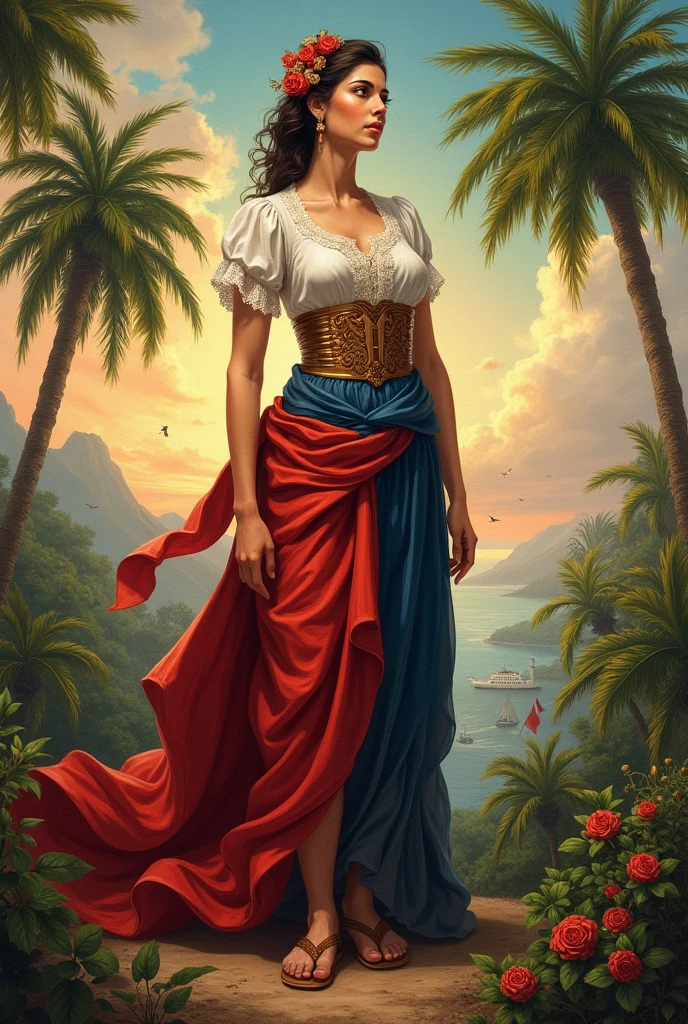 [[(full-length front view: young attractive girl) ((style Eugene Delacroix))]/[background:amazing Renaissance landscape based on Eugene Delacroix) (masterpiece)], oil painting, extreme detail, intricate, unusual, ((best quality))]