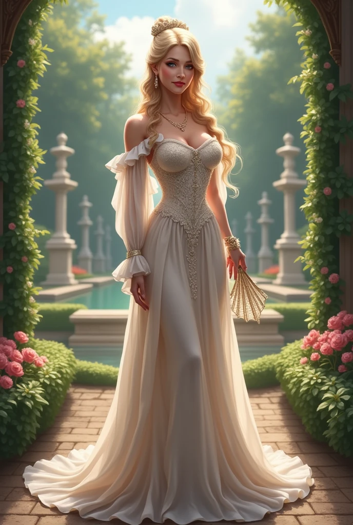 Una pintura de una mujer con un vestido blanco transparente rodeado de rosas rosadas, inspirado por Cynthia Sheppard, Una diosa en un campo de flores, beautiful fantasy painting, romanticism art style, hermosa doncella, beautiful fantasy art, beautiful fantasy maiden, por Cynthia Sheppard, Diosa de las flores, realistic fantasy painting, Rob Rey, breathtaking fantasy art, fantasy victorian art, Arte WLOP