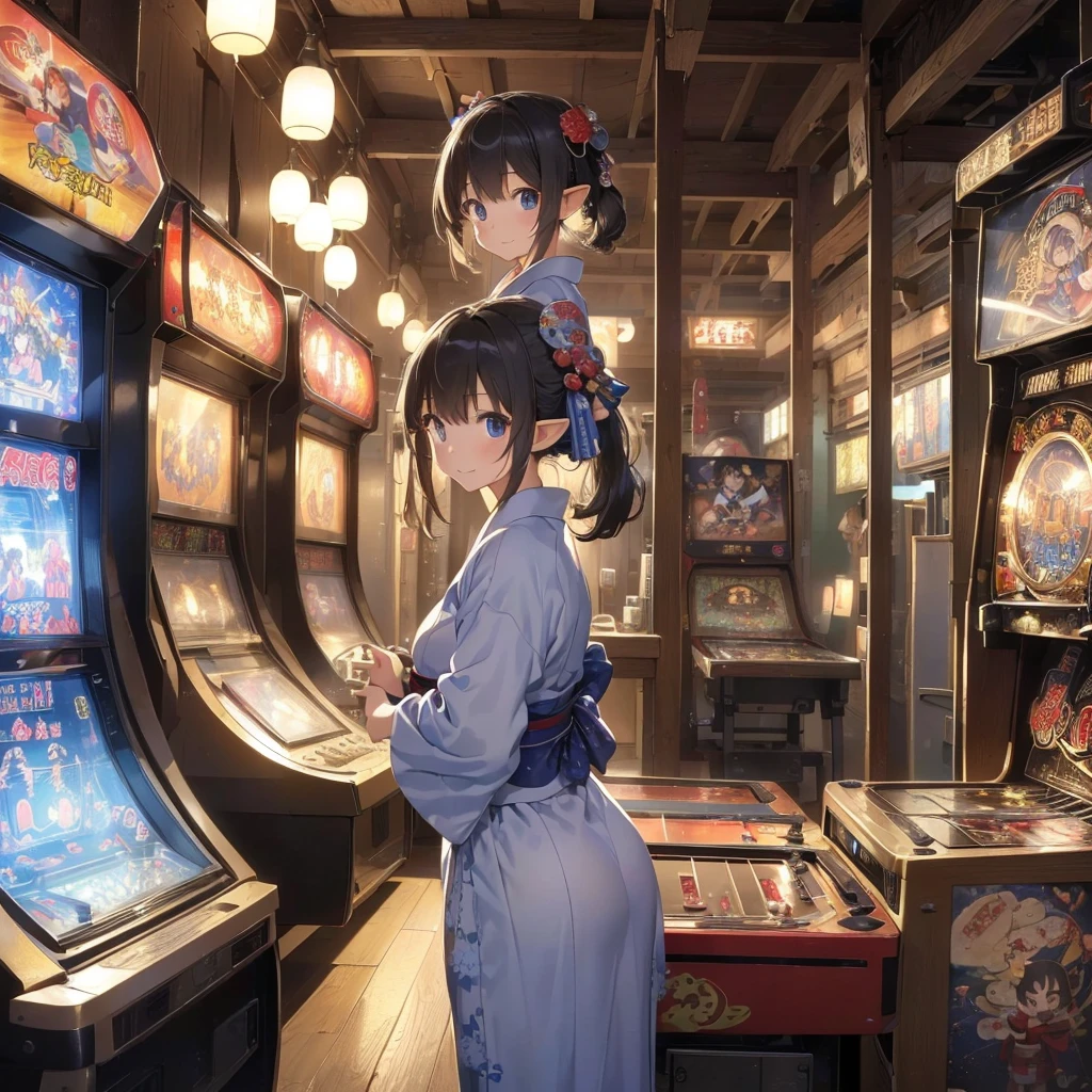 high quality, 8k. masterpiece, high quality, High resolution, 昭和のold宿が立ち並ぶ街、nostalgic、old、(((Old game center)))。(((Elf girl wearing a yukata)))、((Playing pinball、Playing on an old coin-operated game machine、Pachinko Machine、Shot))。((smile))。