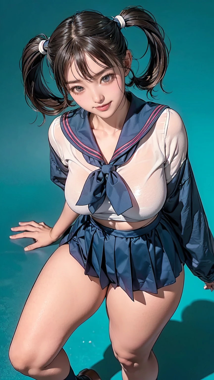 Realistic、Best Quality、Highest quality、Anatomically correct、Accurate Anatomy、Blue blank background、Shot from above、Photographed from the waist up、A cute Japanese woman is standing in front of me.、A smile from the heart、(Japanese girl、Sailor suit:1.3)、(Twin tails:1.3)、(Thick thighs:1.3)