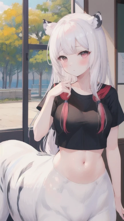 (best quality, masterpiece), 1 girl, centaur, It takes, White skin, Korean ,daughter, black pink,Smiling, exposing the abdomen, belly button t-shirt , 아름다운 소녀 perfect white tiger photo, perfect white tiger photo
