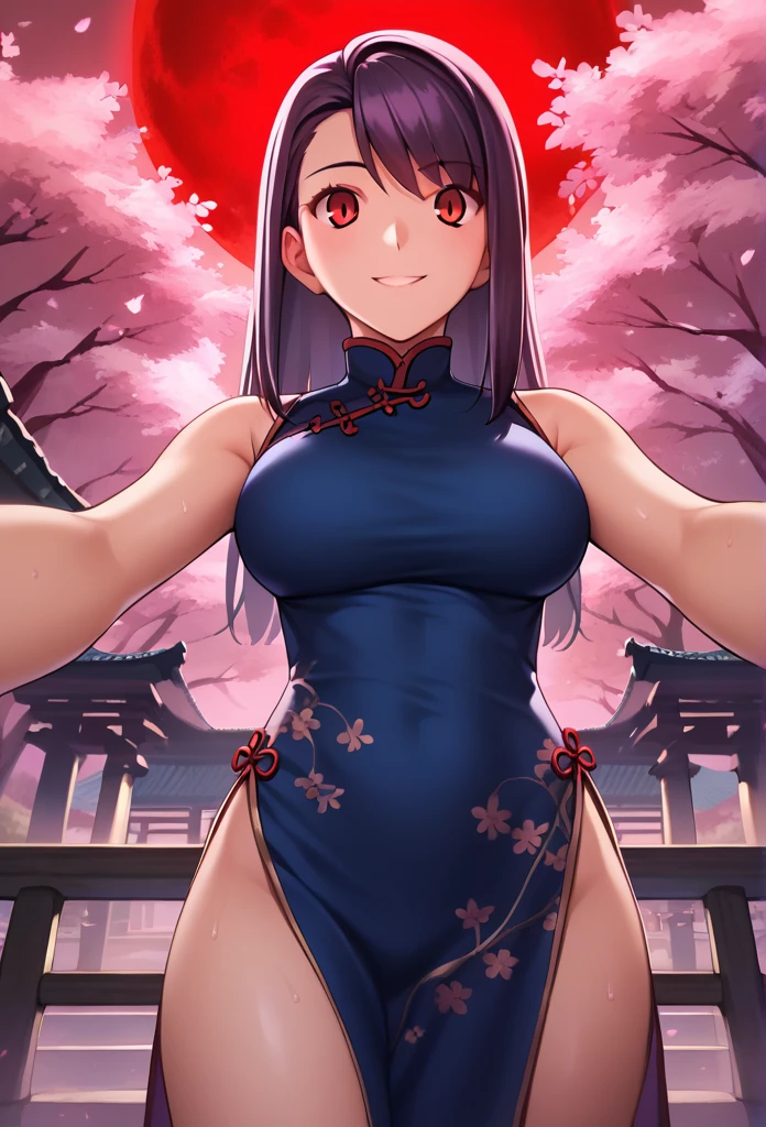 Score_9, Score_8_up, Score_7_up, One girl,Red eyes,smile,Purple long hair, Hirokazu Koyama ,Cowboy Shot,Sweaty,sexy,Pixel Perfect,Large Breasts,Anatomically correct, masterpiece, Very detailed, smile,Outdoor,8k, (background,Cherry Blossoms at Night,big red moon,Detailed),(Fits your body,Chinese dress,Sleeveless,Long hem,There is a slit),Spread your arms,Composition looking up from below,Look at, 