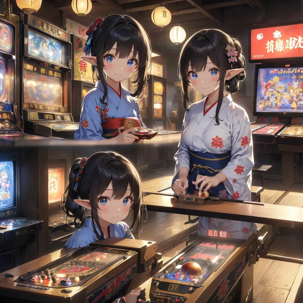 high quality, 8k. masterpiece, high quality, High resolution, 昭和のold宿が立ち並ぶ街、nostalgic、old、(((Old game center)))。(((Elf girl wearing a yukata)))、((Playing pinball、Playing on an old coin-operated game machine、Pachinko Machine、Shot))。((smile))。