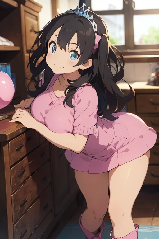 1 female, black hair, long hair, darker skin, brown skin, huge breast, thick legs, light blue eyes, princess dress, pink dress, boots, home, bedroom, happy face, thick ass, butt butt, sexy pose, crown, magic stick