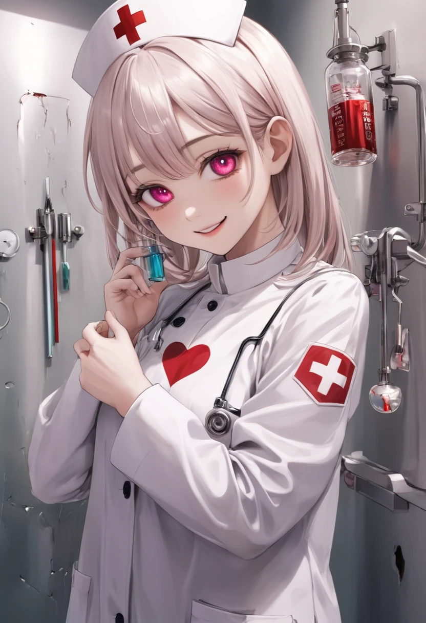 UHD, masterpiece, anatomically correct, super detail, high details, best quality, 8k,perfect beauty 1girl, oily skin, random Breast size、random hair style、random hair color,nurse uniform,nurse uniform,nurse cap, crazy eyes, mismatched pupils, smile, anime style, retina,hug a large syringe, heart,,,,,,,one small cute monster, madness cute, strange shape, her lovingly embraces monster,,,,,,(desolate laboratory, terrifying, full of madness,Broken syringes, lab equipment and rotten liquid on the wall)