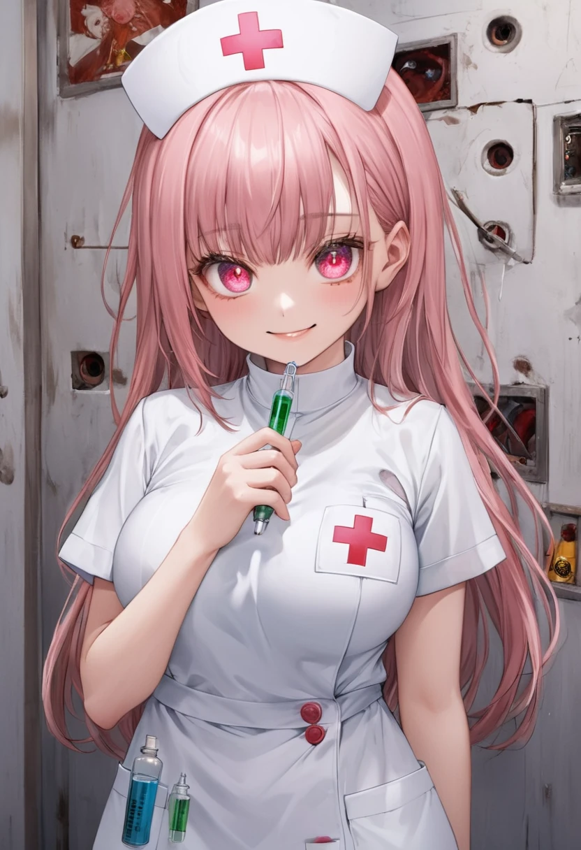 UHD, masterpiece, anatomically correct, super detail, high details, best quality, 8k,perfect beauty 1girl, oily skin, random Breast size、random hair style、random hair color,nurse uniform,nurse uniform,nurse cap, crazy eyes, mismatched pupils, smile, anime style, retina,hug a large syringe, heart,,,,,,,one small cute monster, madness cute, strange shape, her lovingly embraces monster,,,,,,(desolate laboratory, terrifying, full of madness,Broken syringes, lab equipment and rotten liquid on the wall)