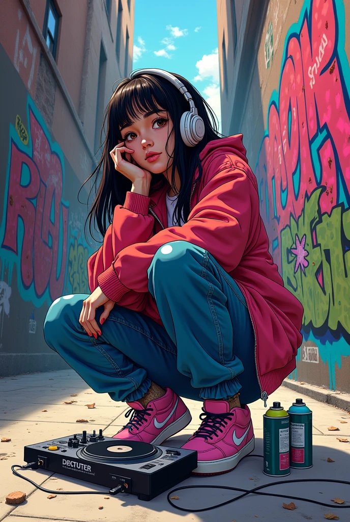 ((best quality)), ( high detail), (1girl), beautiful graffiti artist, (vivid color), spray painting a wall, HDR, 4k, 3D