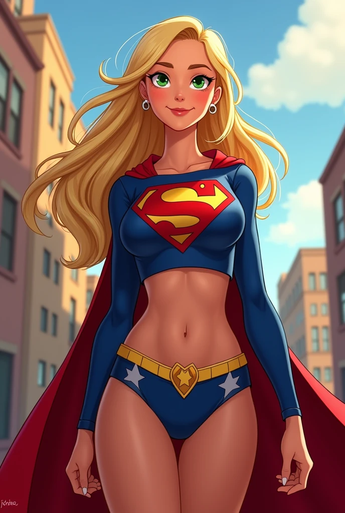 nsfw, 1girl, supergirl, DC colored eyelashes, detailed eyes, detailed face, superhero, blonde hair, long hair, wavy hair, blue eyes, eyeshadow, freckles, flat chest, bottomless, pussy, blue crop top, small cape,