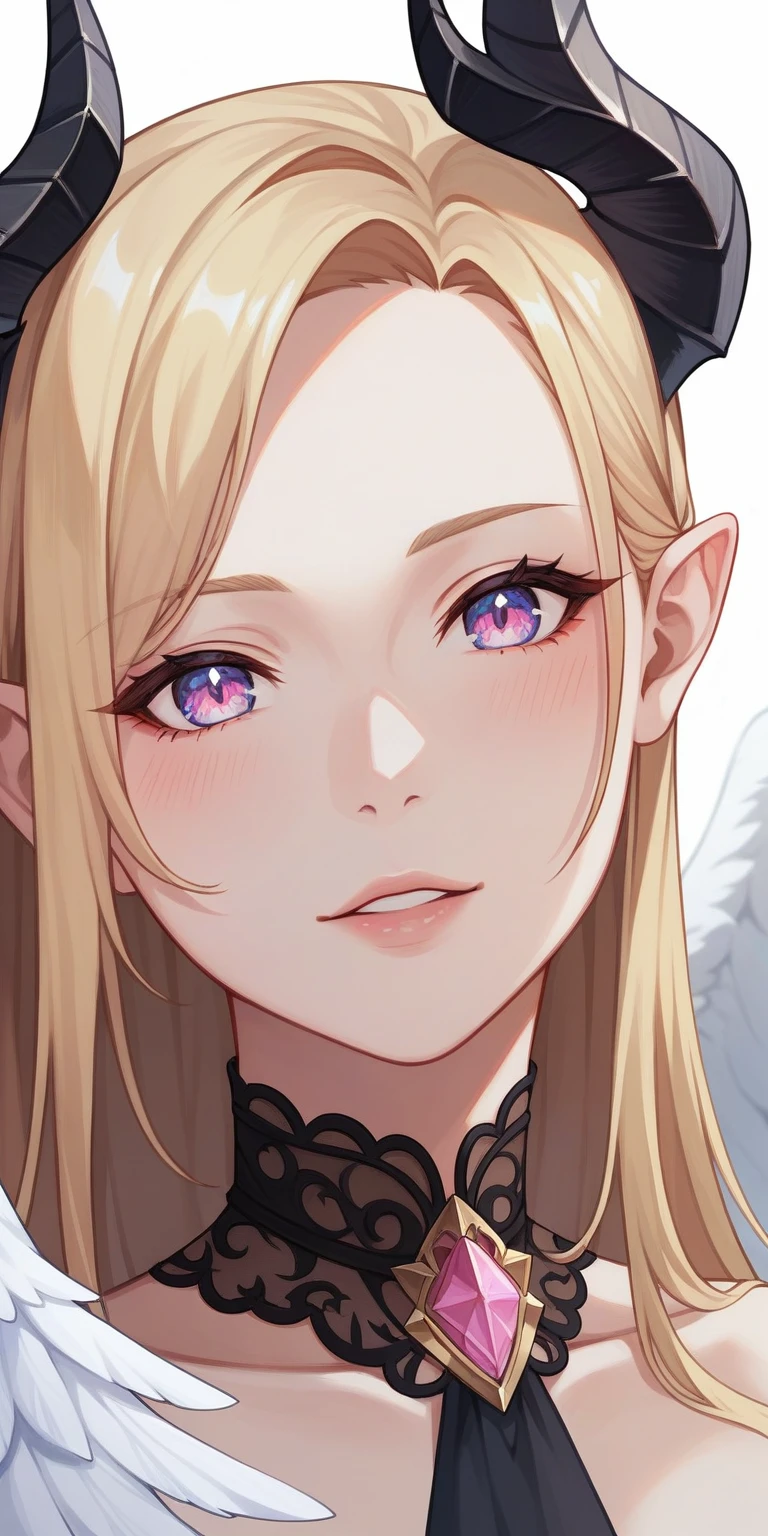 Flat color anime image divided into two, with the left an adult woman with black hair and blue eyes and white angel wings, and the right showing an adult woman with blonde hair and pink eyes and black wings and demon horns, close up, (Masterpiece, Anatomically Correct, Accurate, Best Quality, Detail, High Details, Quality, Super Detailed, High Quality, Skin Detail, Amazing Skin Detail), (SuperQuality:1.0) ~ (SuperQuality:1.2)