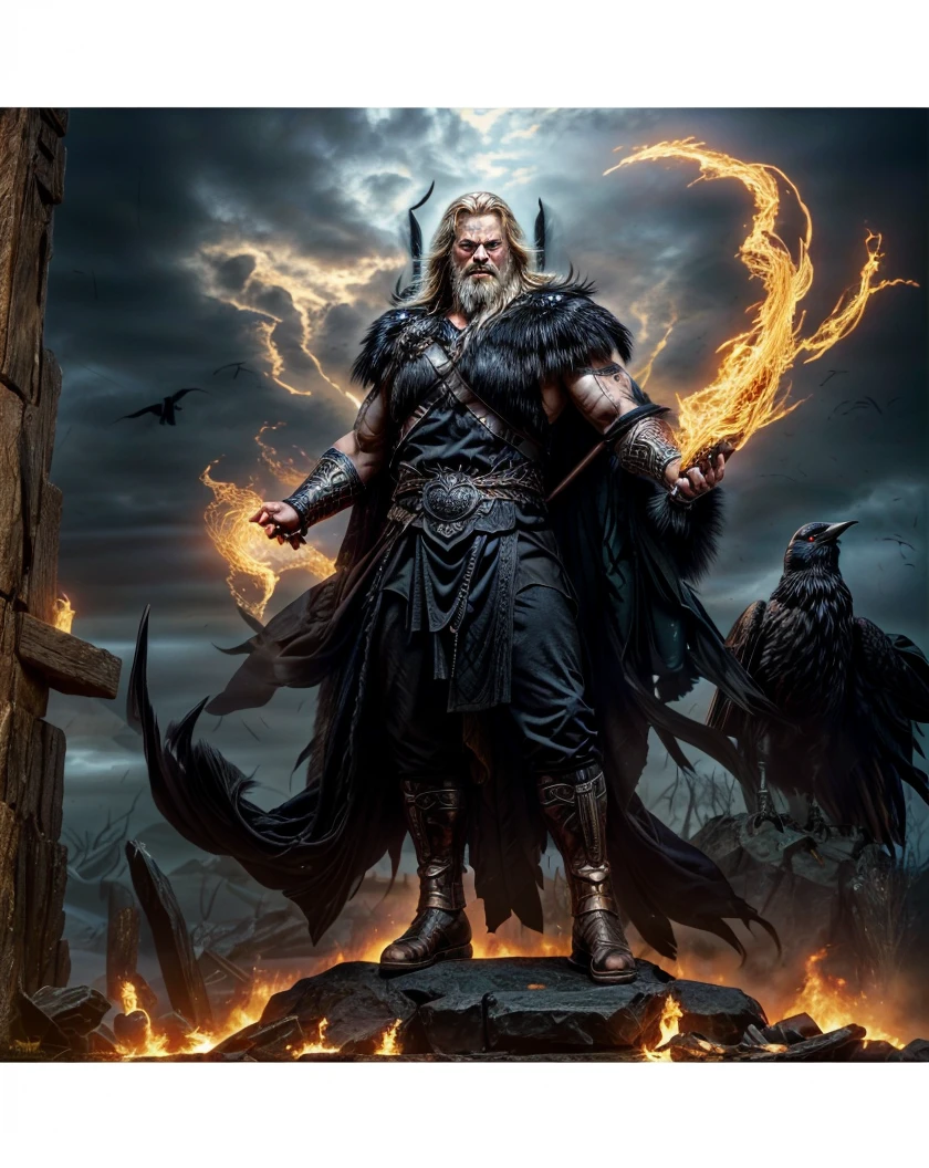 a muscular, majestic figure of odin, the powerful all-father god of norse mythology, surrounded by crows, with a path over his left eye, highly detailed and anatomically correct, masterpiece quality, 8k, photorealistic