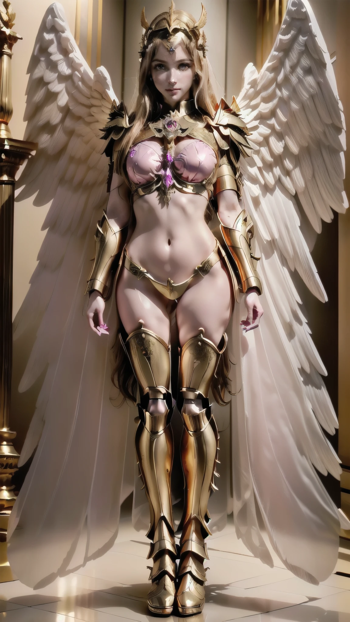 arafed woman in a pink costume with wings and a sword, goddess. extremely high detail, angel in plastic armor, angelic golden armor, extremely detailed goddess shot, angel knight girl, bikini armor female knight, venus godness athena, as a mystical valkyrie, ( highly detailed figure ), wearing witchblade armor, mechanized valkyrie girl, beautiful cyborg angel girl,  (full body:1.8), (upper body up:0.3), (hyper realistic:1.4), (realistic:1.3), (best quality real texture skin), Detailed eyes, detailed face, PERSEPHONE