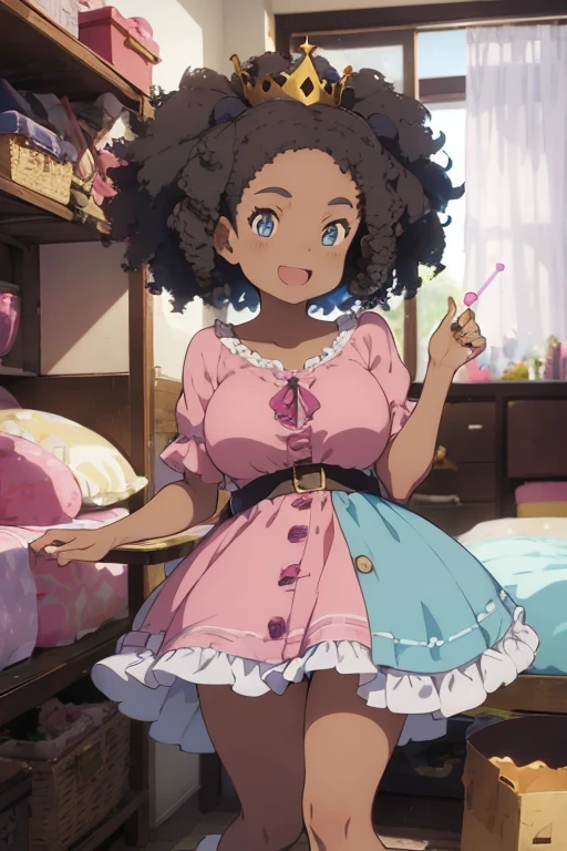 1 female, afro hair, black afro hair black girl afro hair, darker skin, brown skin, huge breast, thick legs, light blue eyes, princess dress, pink dress, boots, home, bedroom, happy face, sexy pose, crown, magic stick