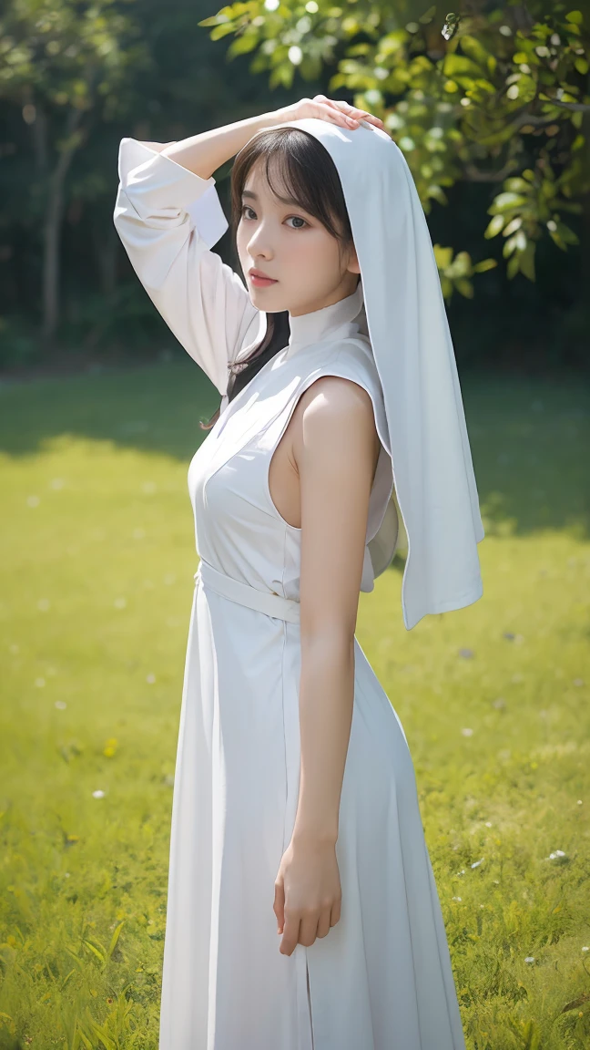Girl on a mountain in front of a hut with a running river Long leg Big breast Big ass Nun's tight transparent dress Protruding nipple Small nipple Small nose Beautiful Chinese face Looking forward Her ass forward