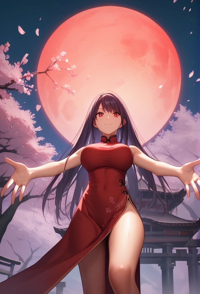 Score_9, Score_8_up, Score_7_up, One girl,Red eyes,smile,Purple long hair, Hirokazu Koyama ,Cowboy Shot,Sweaty,sexy,Pixel Perfect,Large Breasts,Anatomically correct, masterpiece, Very detailed,Outdoor,8k, (background,Cherry Blossoms at Night,big red moon,Detailed),(Fits your body,Chinese dress,Sleeveless,Long hem,There is a slit,blue),Spread your arms,Composition looking up from below,Look at, A seductive smile, 