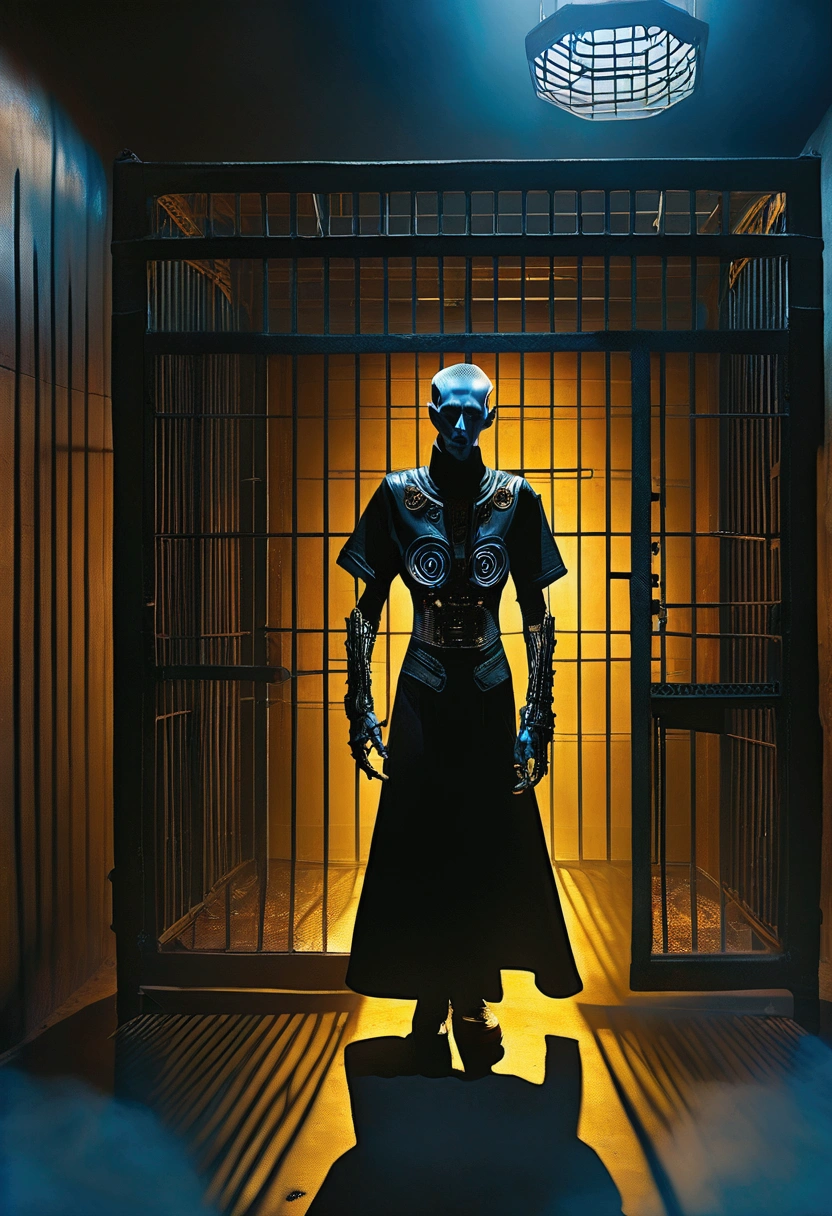 arafed man standing in a jail cell with a caged door, die antwoord music video, still from the movie saw, movie still of cyborg, still from a music video, still from alita, altered carbon, movie still of aztec cyborg, leather clothes under the armor, dark taint :: athletic, movie still of a alien cyborg, cage  