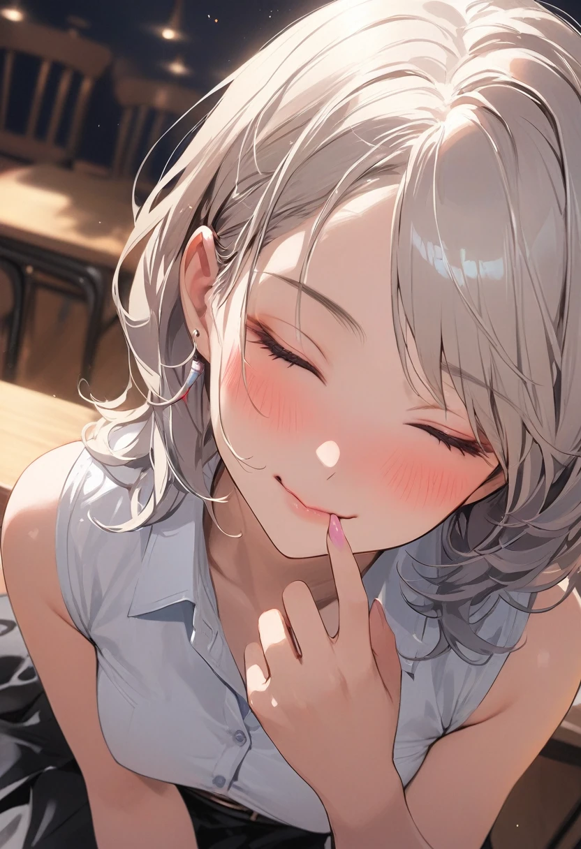 anime, High resolution, Soft Light, ((highest quality)), ((masterpiece)), (detailed), Againm_\(Again_zero\), Hair on one eye, Half-closed eyes, Put your finger over your mouth, Open your mouth, blush, Sticking out tongue, garden, Mansion, blue flower,