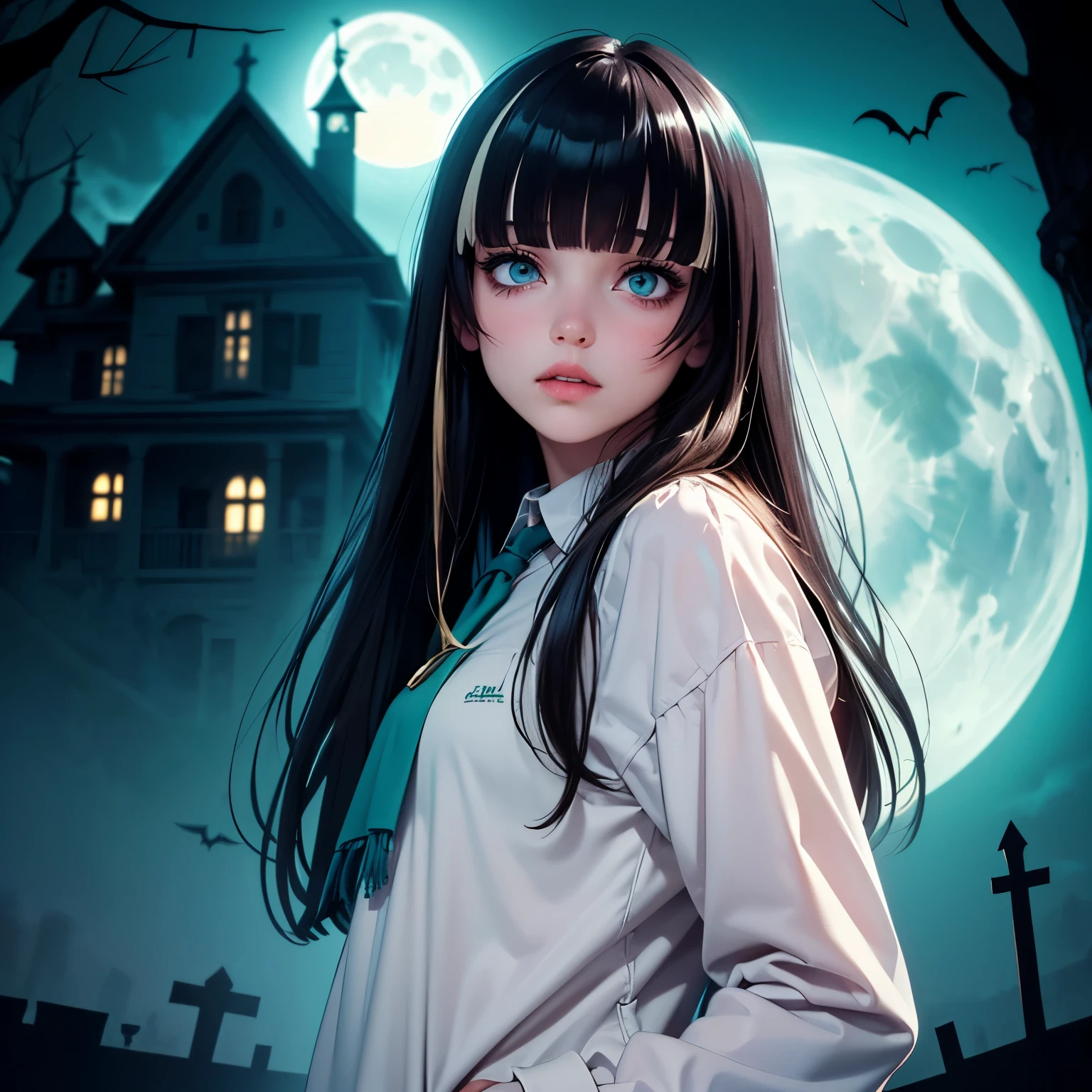 1girl, ((Caucasian)), white girl, , small slender body, ((preppy clothes)), long brown hair, bangs, ((fringe with textured bangs)), full lips, full moon, haunting atmosphere, ((haunted house)), ((erotic)), white color scheme with teal and gold accents, ((high contrast)), ((rim lighting))