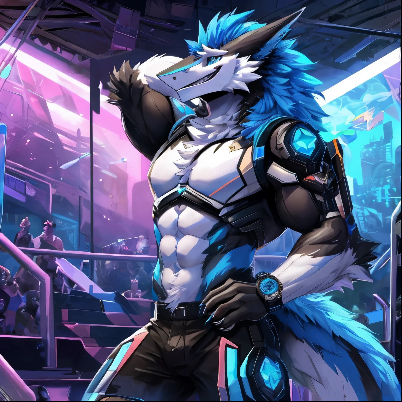 single，man，A large animal-like Sergal character.，Wear only black shorts., Torn abdominal muscles,, Black and white fur, Bright blue mohawk, Hands behind the head, A provocative and toothy smile, Cyberpunk interior background, scenery, Best quality, Watch the audience, Side view, Mecha Core