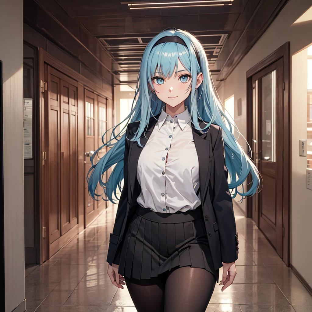 ((masterpiece,best quality)), highres, extremely detailed 8K wallpaper, depth_of_field, best shadow, (Colorful),(Delicate eyes and face), nice hand, Perfect hands, (no lighting), Ray tracing, BREAK (1girl), long hair, (light blue hair), green eyes, medium breasts, bangs, confident smile, BREAK, standing, BREAK, Cowboy Shots and knee, school corriror, school hallway, hand resting on hip, sharp eyes, jacket, blouse, miniskirt, tights, headband, (solo), wide hips, centered, thick thights