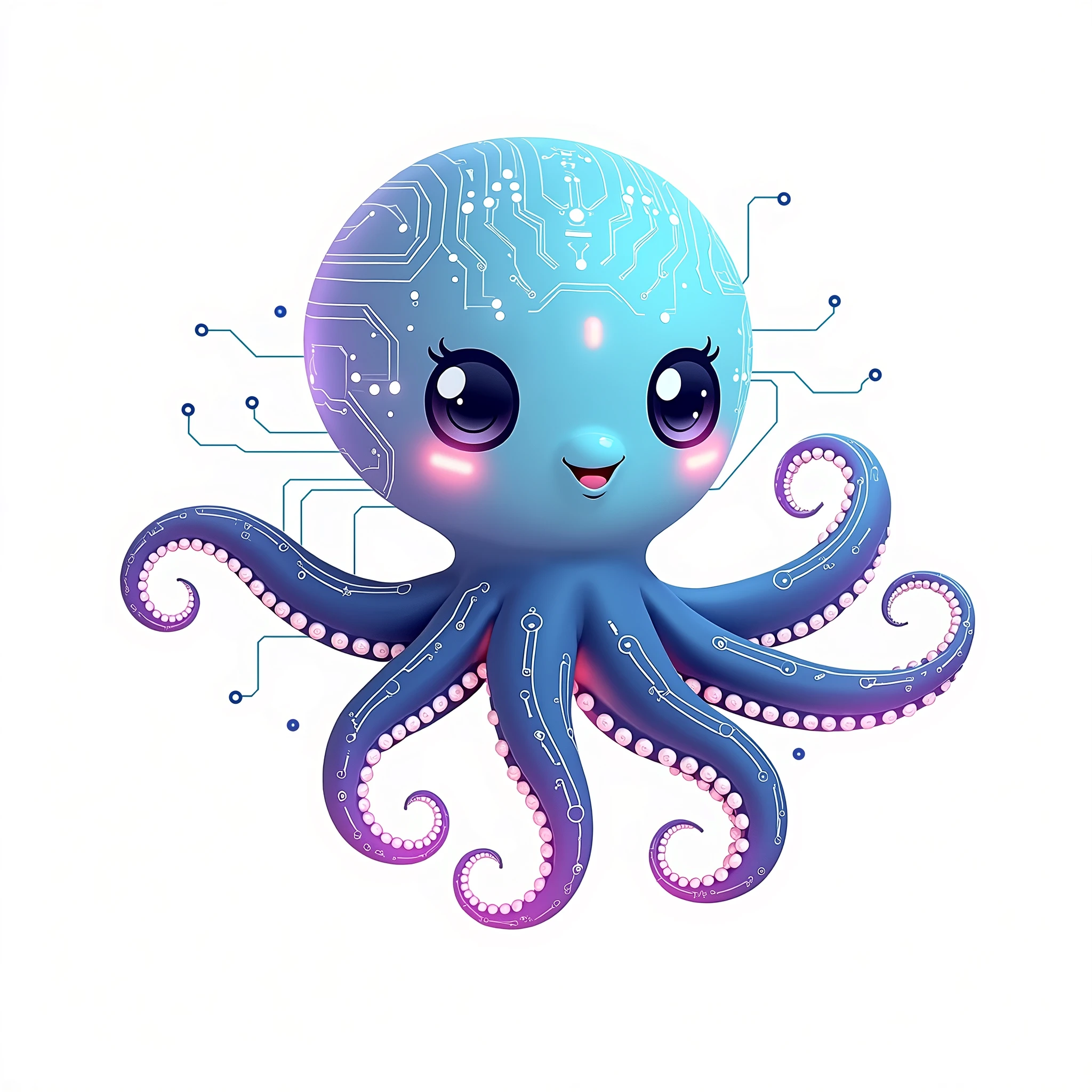 kawaii vector-style digital art illustration of an adorable octopus mascot with six tentacles, combining a playful and tech-inspired aesthetic with smooth gradients style, set in centrally on a plain white background with no shadows, with a friendly, cute, and futuristic mood, with a octopus is centrally placed with tentacles subtly curled. Circuit board patterns adorn its head and tentacles composition, using a body and tentacles showcase a gradient inspired by the seaart.ai logo, moving from light cyan to deep navy blue, with highlights of white and soft blue tones color palette, with soft, diffuse lighting, without strong shadows lighting, featuring smooth, digital texture with glowing circuit elements on the tentacles, giving a polished and high-tech appearance texture, from a front-facing perspective, a neutral yet welcoming stance, with its eyes wide open and a gentle smile.