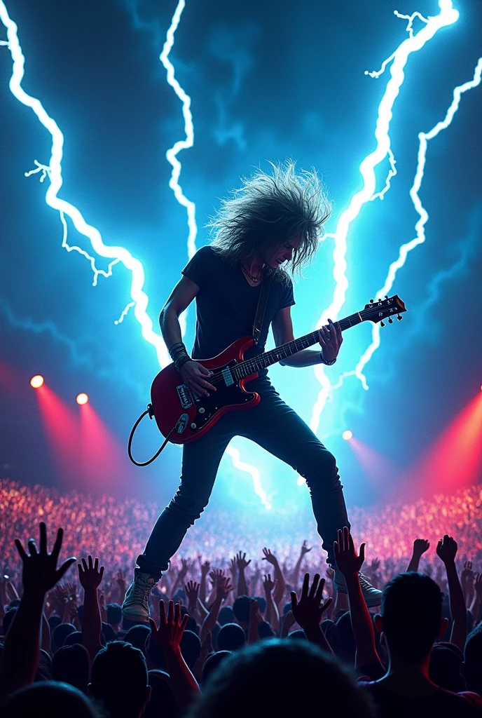 Prompt:
A high-energy, dynamic scene capturing the essence of a rock concert, inspired by the power of Scorpions' "Rock You Like a Hurricane." The image shows a guitarist in mid-performance, hair flying, with a powerful electric guitar riff echoing in the air. The stage is illuminated by vibrant, electric blue and red lights, giving the scene a stormy, electrifying atmosphere. In the background, a massive crowd is seen, their hands raised as if caught in the storm of sound. Lightning bolts strike through the sky, symbolizing the raw, untamed energy of the music. The overall mood is intense, chaotic, and exhilarating, encapsulating the essence of rock and roll.